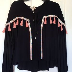 Gianni Bini Black Boho Hippie Tassels Blouse Top M